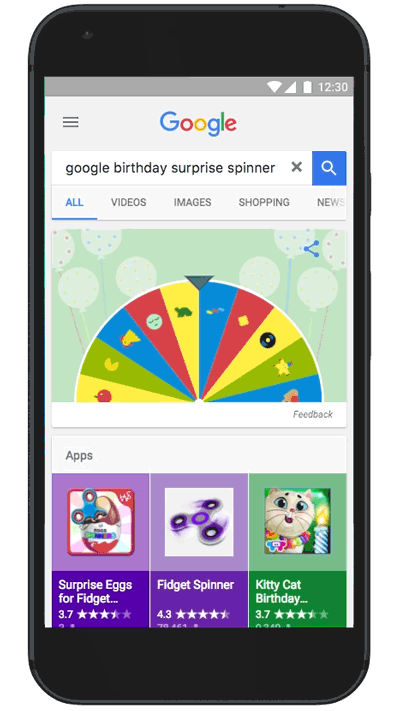 Roda de surpresas do aniversário do Google