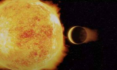Uma ilustração artística do LTT 9779b, um exoplaneta ultraquente de Netuno que orbita sua estrela hospedeira em menos de um dia. Imagem: Ricardo Ramirez, Universidad de Chile